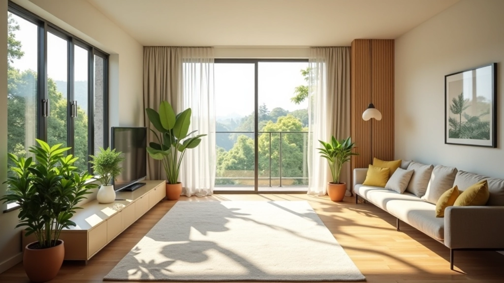 Modern eco-friendly apartment interior with natural light and sustainable design elements