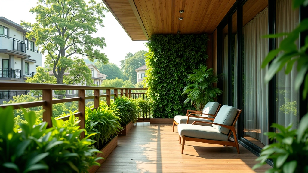 Modern eco-friendly apartment balcony with green plants and sustainable design features overlooking Tengah residential area