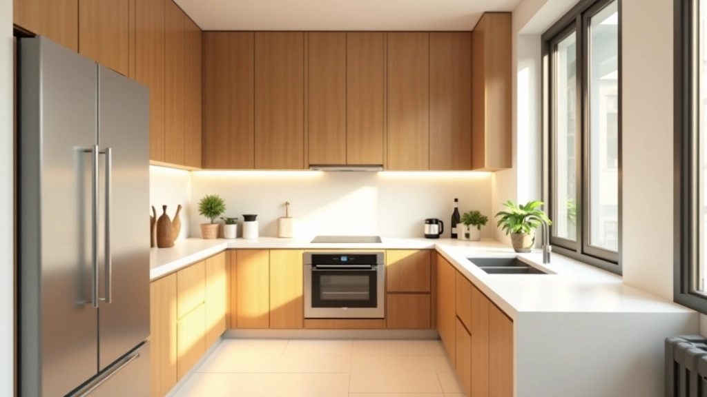 Bright apartment kitchen with energy-efficient appliances and sustainable materials, natural light streaming through windows