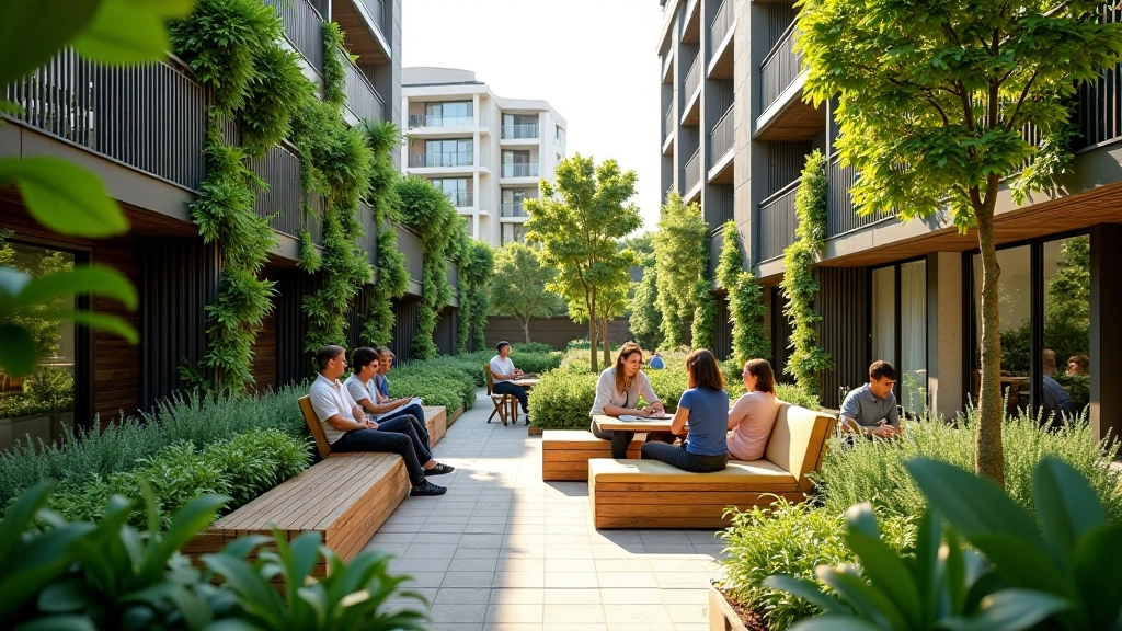 Communal green space in Tengah with residents using outdoor garden area, sustainable landscaping and eco-friendly design